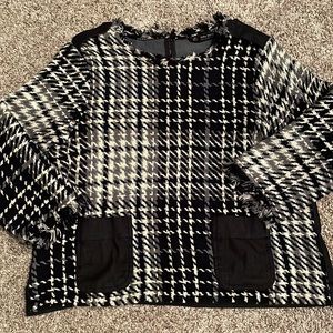 Tweed / Denim top with frayed bracelet sleeve